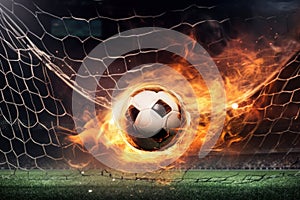 A soccer ball on fire in the goal net with flames