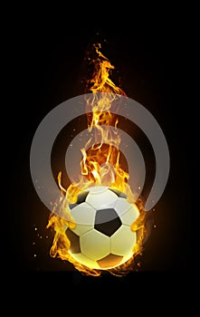 Soccer ball, fire in hand black background