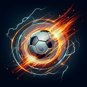 Soccer ball in fire and lightning on dark background. 3d illustration