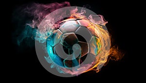 Soccer ball on fire, motion and heat create abstract design generated by AI