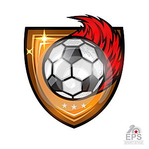 Soccer ball with fire trail in center of shield. Sport logo isolated on white