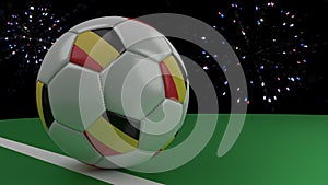 Soccer ball with the flag of Belgium crosses the goal line under the salute, 3D rendering.