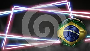 Soccer ball in flag colors on abstract neon background. Brazil