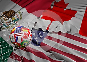 soccer ball with flags of America Canada and Mexico 3d-illustration