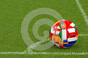 Soccer ball with flags in the corner of football field, 3D rendering