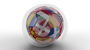 Soccer ball with flags of European countries rotates on white surface, loop 2