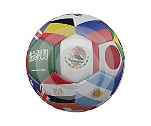 Soccer Ball with Flags isolated on white background, Mexico in the center, 3d rendering.