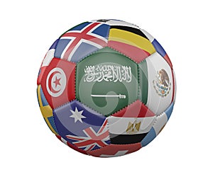 Soccer Ball with Flags isolated on white background, Saudi Arabia in the center, 3d rendering.