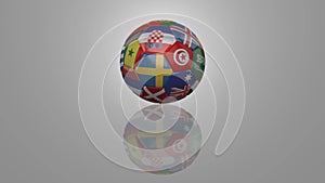Soccer ball with flags participating in World Cup rotates on a reflective surface, 3D rendering, 4K foot, loop