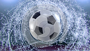 Soccer ball flies emitting whirl of water drops, 3d illustration