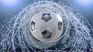 Soccer ball flies emitting whirl of water drops, 4k 3d animation