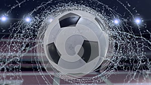 Soccer ball flies emitting whirl of water drops, 4k 3d animation