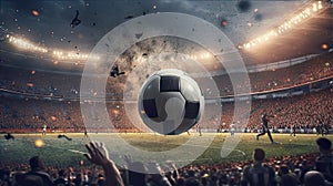 A soccer ball flies high in the air in front of a stadium with fans in the background. Generative AI.