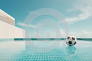 Soccer ball floating in a serene infinity pool with a clear blue sky. modern design meets leisure in a tranquil setting