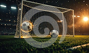 A soccer ball is flying through the air near a goal post.