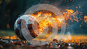 A soccer ball is flying through a field of fire by AI generated image