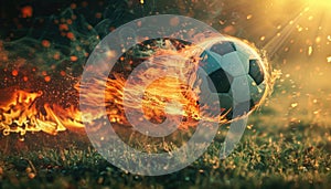 A soccer ball is flying through a field of fire by AI generated image