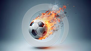 A soccer ball flying on fire is isolated on a plain background. Generated AI