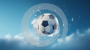 A soccer ball flying from a strong blow