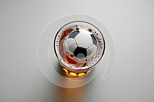 Soccer ball on foam of fresh lager beer glass on grey stone table. Sport time concept