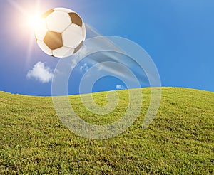 Soccer ball football clasic  on the grass lawn sky clouds shoot and score goals  - 3d rendering