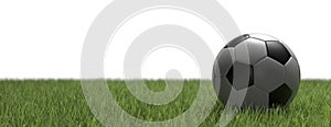 Soccer ball, football close up view, green grass field background. 3d illustration