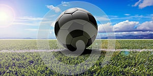 Soccer ball, football close up view, green grass field, blue sky background. 3d illustration