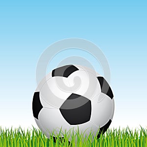 Soccer ball. Football stadium grass and blue sky background. Illustration.