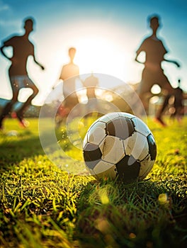 A soccer ball foregrounds a dynamic match, with players in the distance against a vivid sunset backdrop.