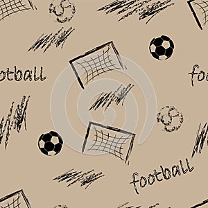 soccer ball, gate, text and zig zag.