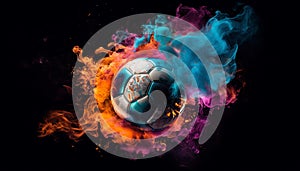 Soccer ball glowing with heat, exploding in fiery competition generated by AI