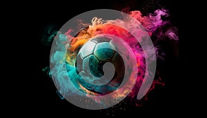 Soccer ball glowing with heat, exploding in fiery motion generated by AI