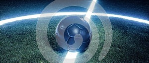 Soccer ball on glowing lines on a field at night