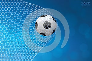 Soccer ball in goal. Football ball and white net with blue background. Vector