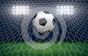 Soccer ball in goal. Football ball and white net in soccer field stadium background. Vector