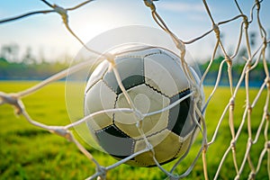 A soccer ball in a goal net