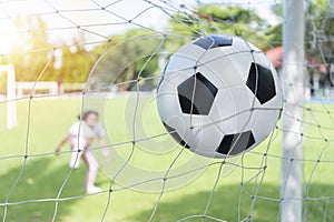Soccer ball on goal with net and girl kicks a soccer ball on a soccer field