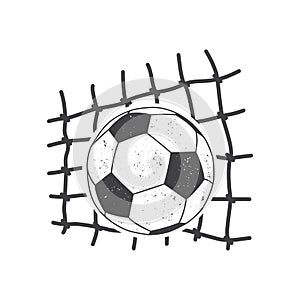 Soccer ball in the goal net icon silhouette. Vector illustration isolated on white background. Soccer ball in the goal