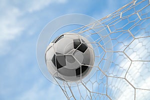 Soccer ball on goal with net and sky background