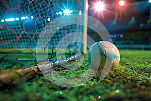 Soccer ball by the goal net with vibrant stadium lighting on a wet playing field