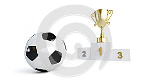 Soccer ball, gold cup on the pedestal on a white background 3D illustration, 3D rendering