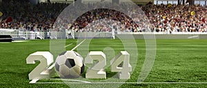 Soccer ball on grass with 2024 of large numerals at crowded stadium. 3D render of sport arena. Upcoming match