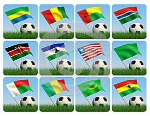 Soccer ball in the grass. African flags. 3d photo