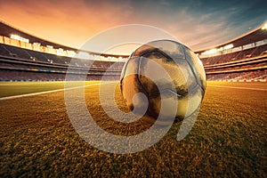 Soccer ball on the grass of a beautiful stadium. Generative Ai