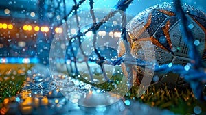 Soccer ball on the grass with blurred lights in the background