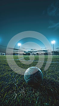 Soccer ball on grass field at dusk with stadium lights