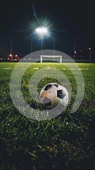 Soccer ball on the grass at night with stadium lights in the background