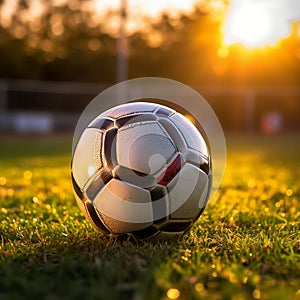 Used soccer ball on the grass. Sunset. AI generated digital art