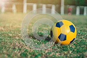 Soccer ball on grass in stadiums for sport.