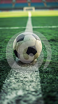 Soccer ball on the grass at sunset, with the glow of the stadium lights illuminating the field